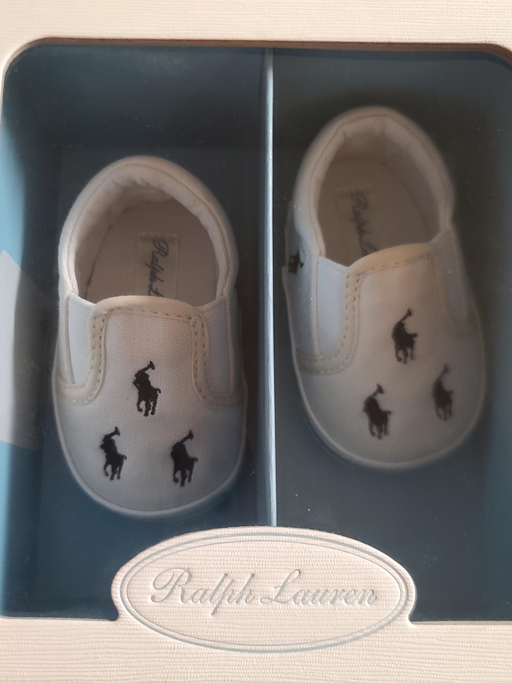 Ralph Lauren White Slip-On Baby Shoes with Black Polo Pony Prints